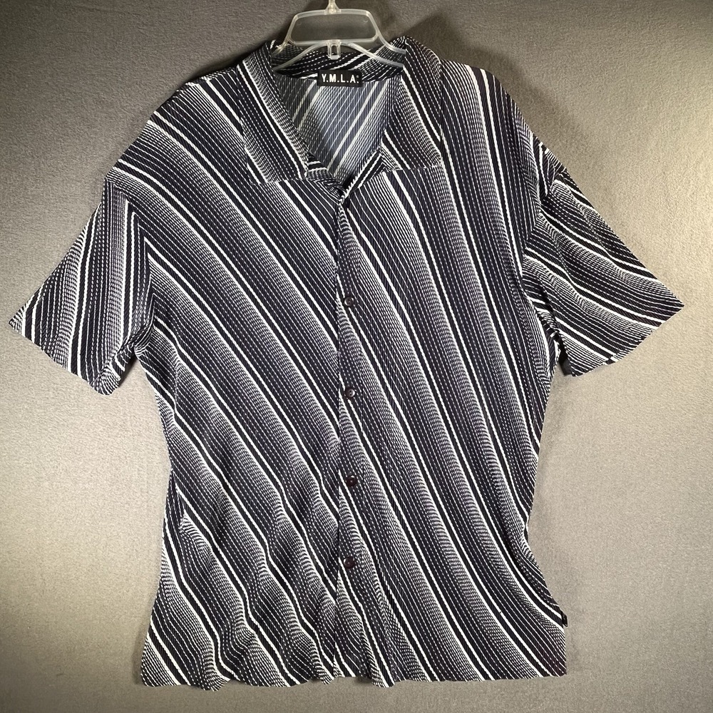 VTG YMLA Shirt Mens ?L? Ribbed Pleated Rave Club Button Up Pop Navy Stripes READ